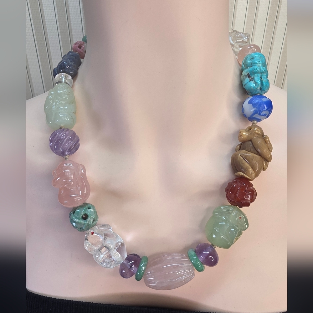 Sterling 925 Carved Quartz Amethyst Figural Statement Necklace 237g